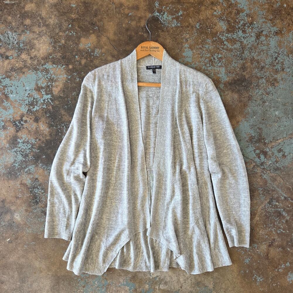 Eileen Fisher Open Front Cardigan Sweater Size PP Gray Linen Blend Lagenlook
